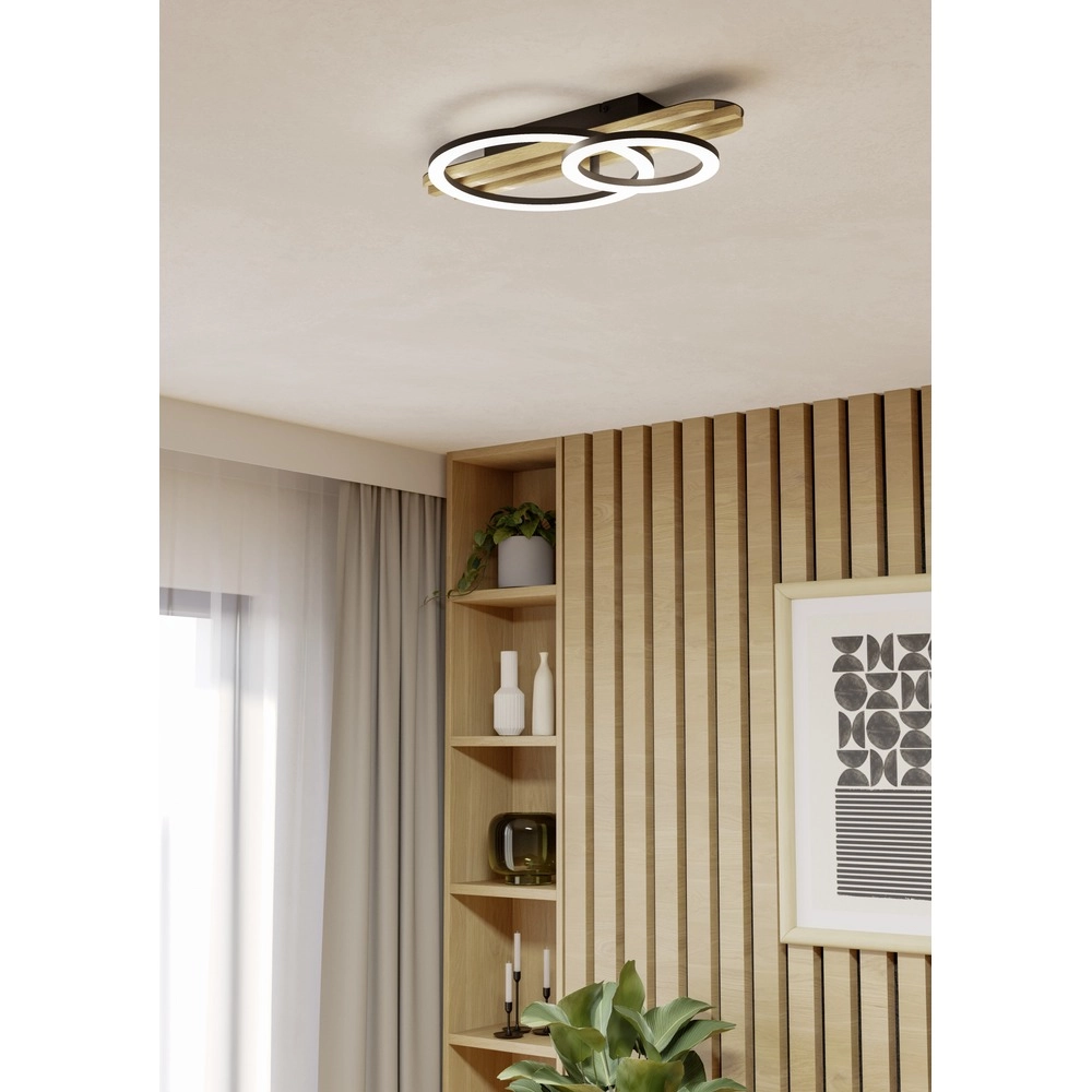 Moderne Deckenlampe Cembrano Schwarz mit Holz 50 cm Eglo 9008606388165
