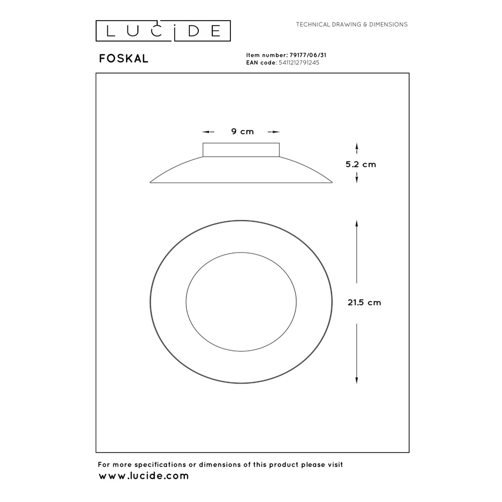 Deckenlampe Foskal Ø 21,5 cm weiß Lucide 5411212791245