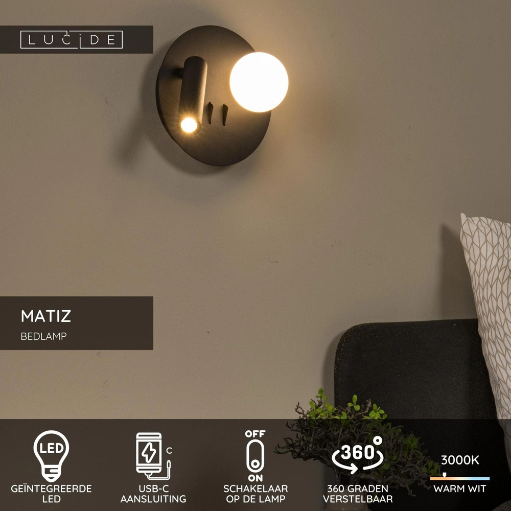 Design-Nachttischlampe Matiz Schwarz mit USB-Ladepunkt Lucide 5411212771322