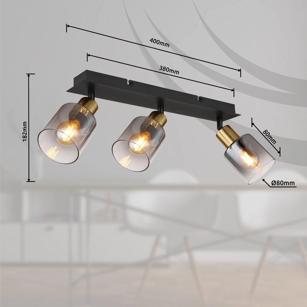 3-Licht Deckenlampe Hollsy Schwarz mit Rauchglas Globo 9007371448852