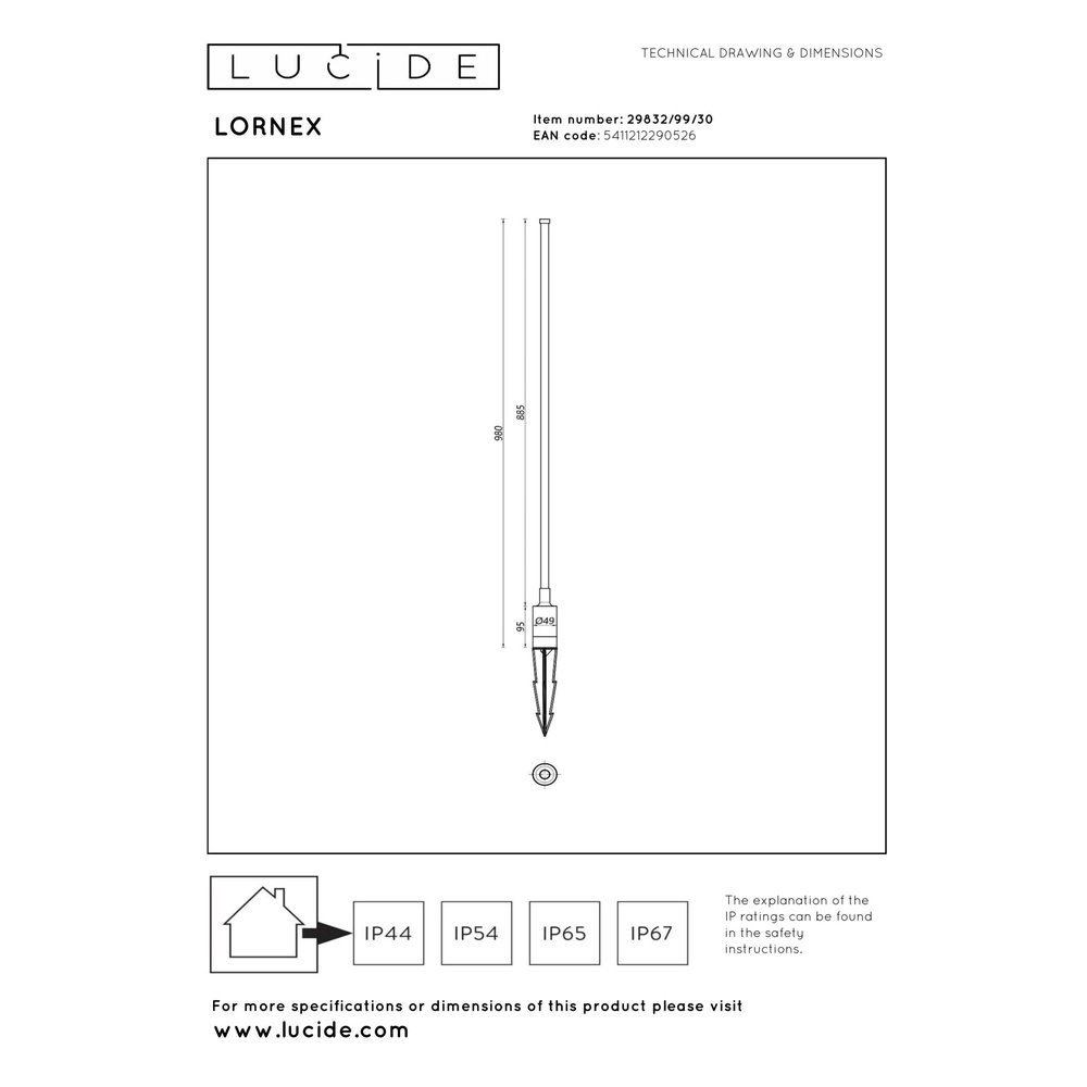 Elegante Gartenlampe Lornex IP54 schwarz 98cm Lucide 5411212290526