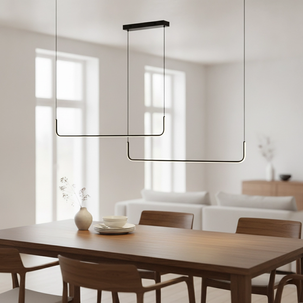 Schlanke Pendelleuchte Strita Schwarzes Doppelzimmer