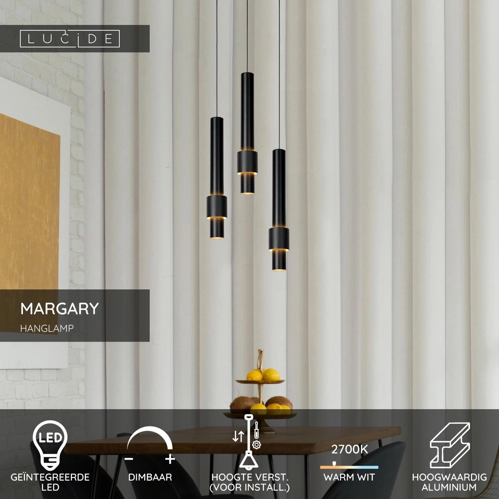 Elegante Pendellampe Margary 3-Licht Schwarz Lucide 5411212241894