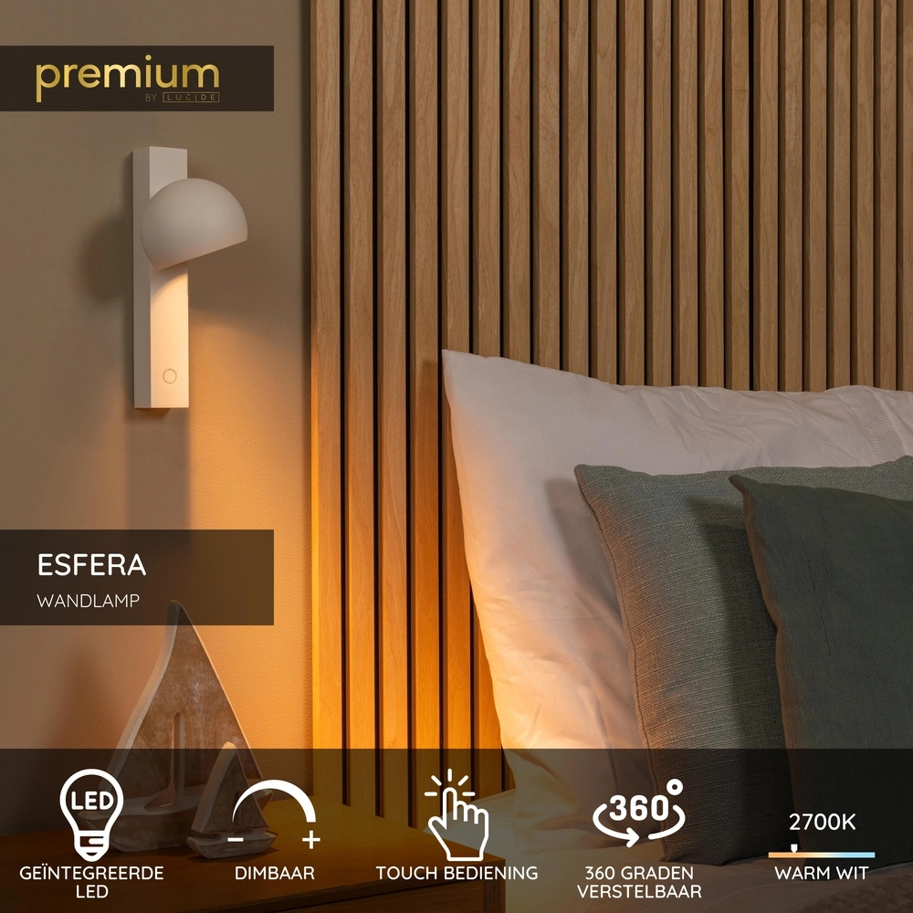 Bettleselampe Esfera LED – Weiß Premium by Lucide 5411212234469