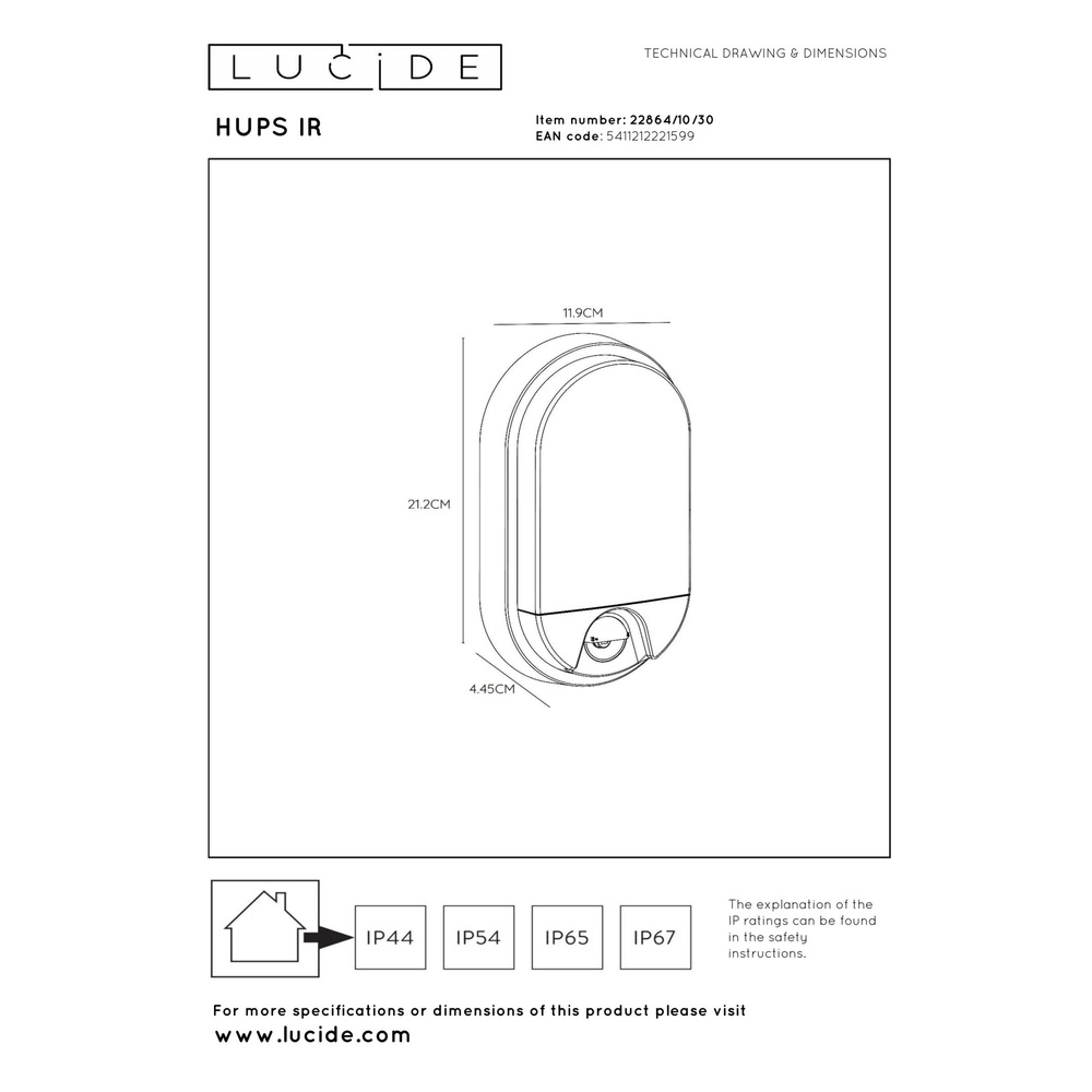 Ovale Wandlampe Hups Ir Schwarz mit Sensor Lucide 5411212221599