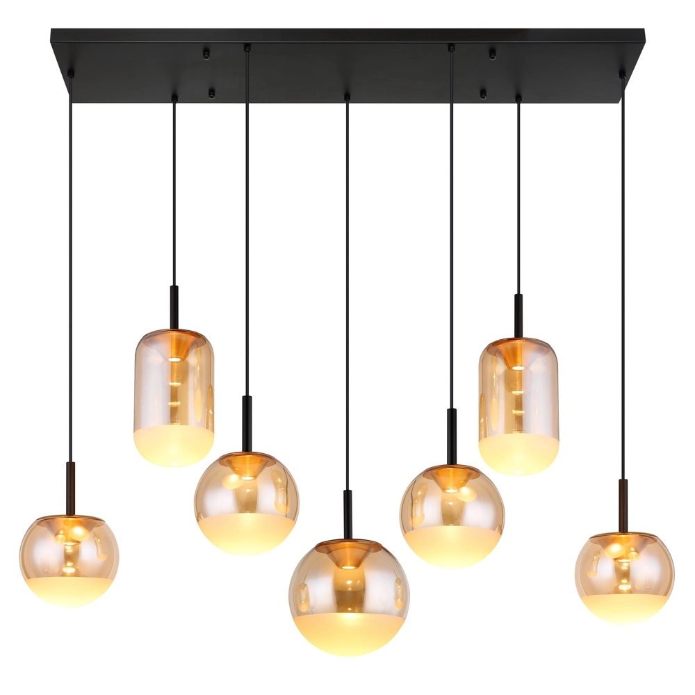 Design-Pendellampe Severin 7-Licht Schwarz mit bernsteinfarbenem Glas Globo 9007371540945