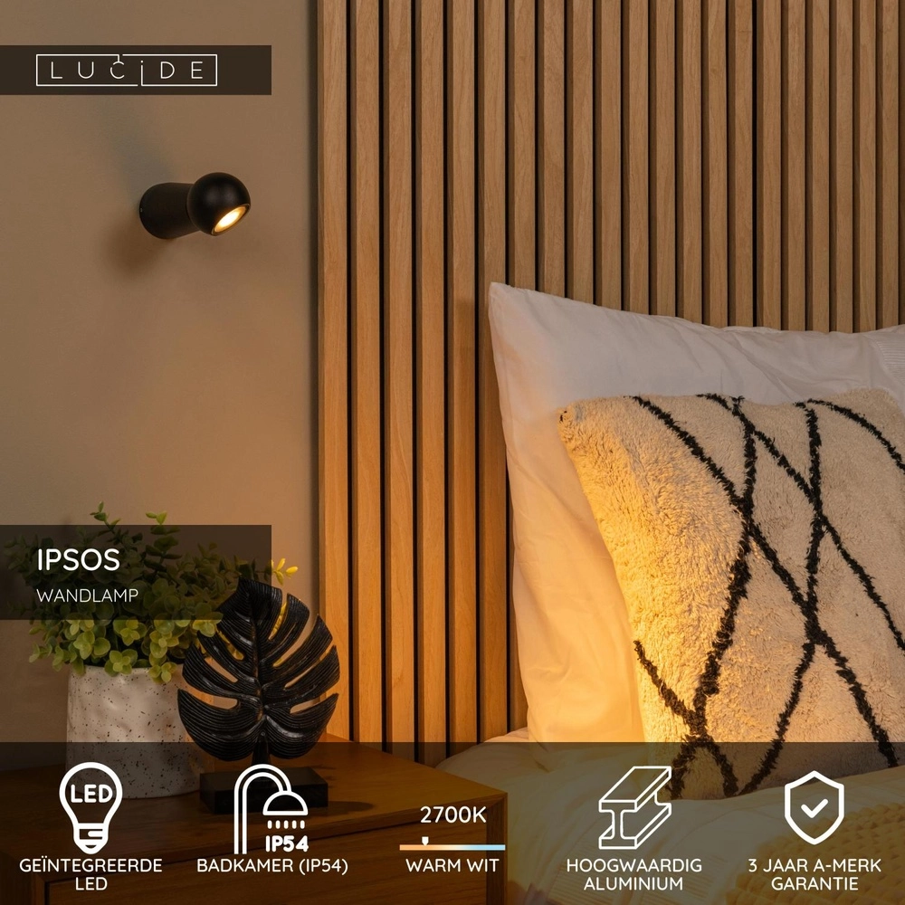 Wandlampe im Badezimmer Ipsos schwarzes IP54 Lucide 5411212334008