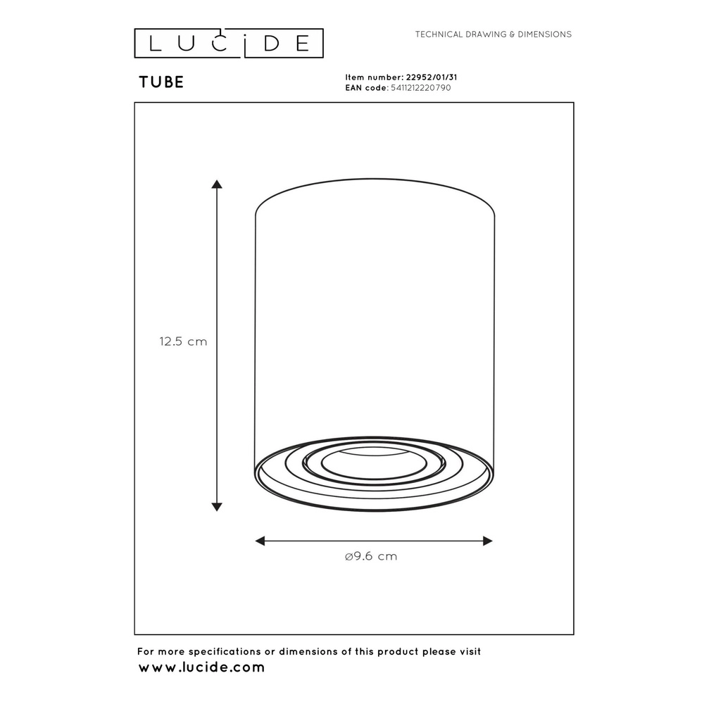 Oberflächenmontierter Deckenspot Tube weiße Ø 9,6 cm Lucide 5411212220790