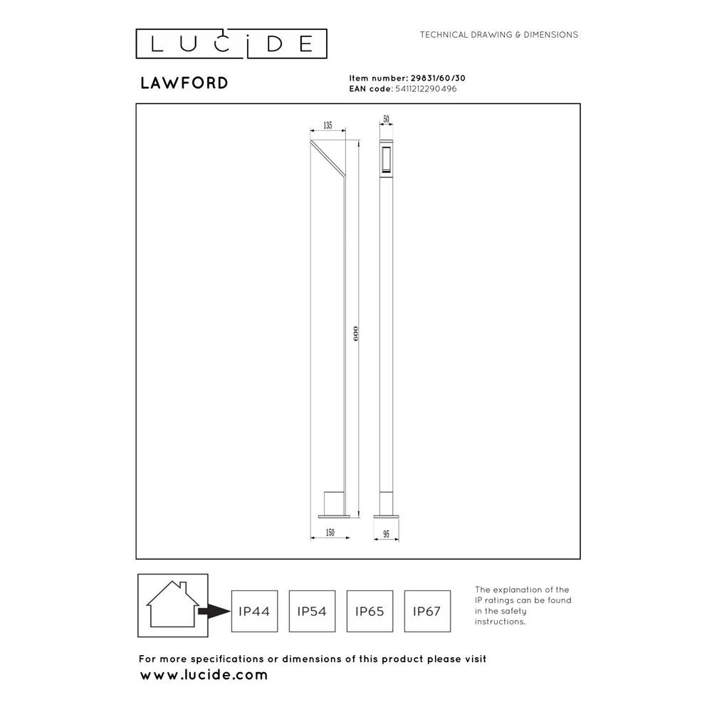 Design-Gartenlampe Lawford 60 cm schwarz Lucide 5411212290496
