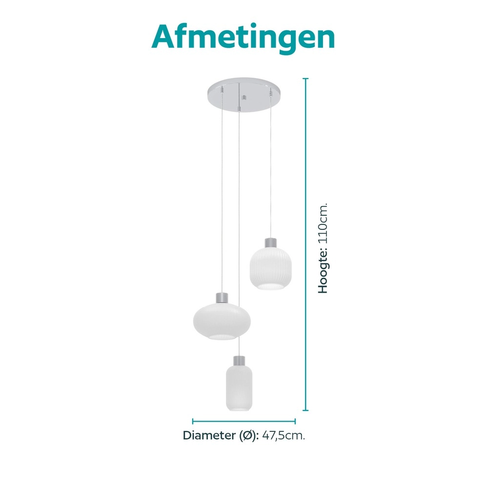Design-Pendellampe Dasmina Chrom mit weißen 3-Lichtern