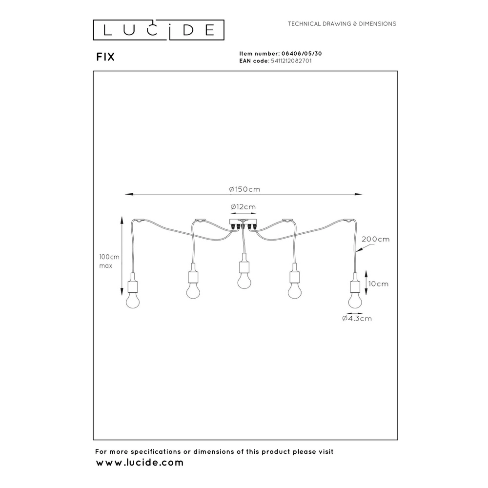 5-Licht Pendellampe schwarz Fix Geeignet für das Loft Lucide 5411212082701