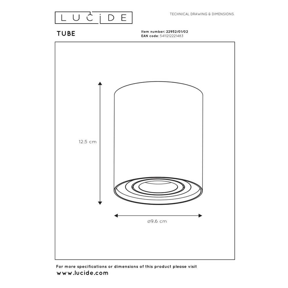 Oberflächenmontierter Deckenspot Tube gold Ø 9,6 cm Lucide 5411212221483