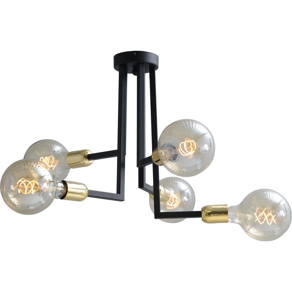 Schwarze Deckenlampe Tube 5 Lichter mit goldenen Beschlägen