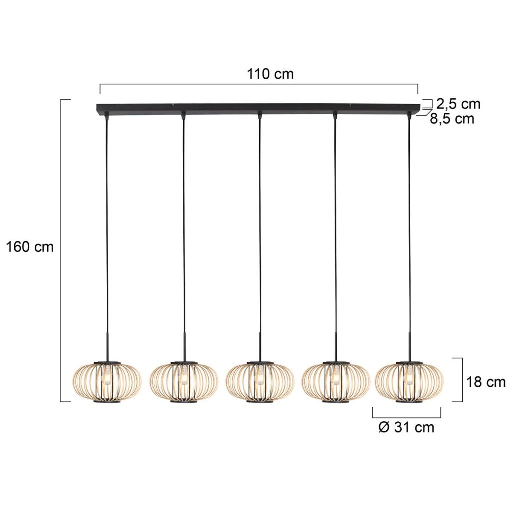 Pendellampe 5-Licht Geradeaus Silva mit Bambusmützen Steinhauer 8712746183238