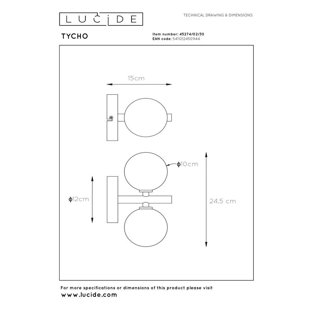 Wandlampe Tycho Schwarz Lucide 5411212450944