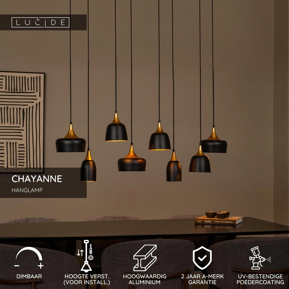 8-Licht Pendellampe Chayanne Design Schwarz mit Gold Lucide 5411212051554
