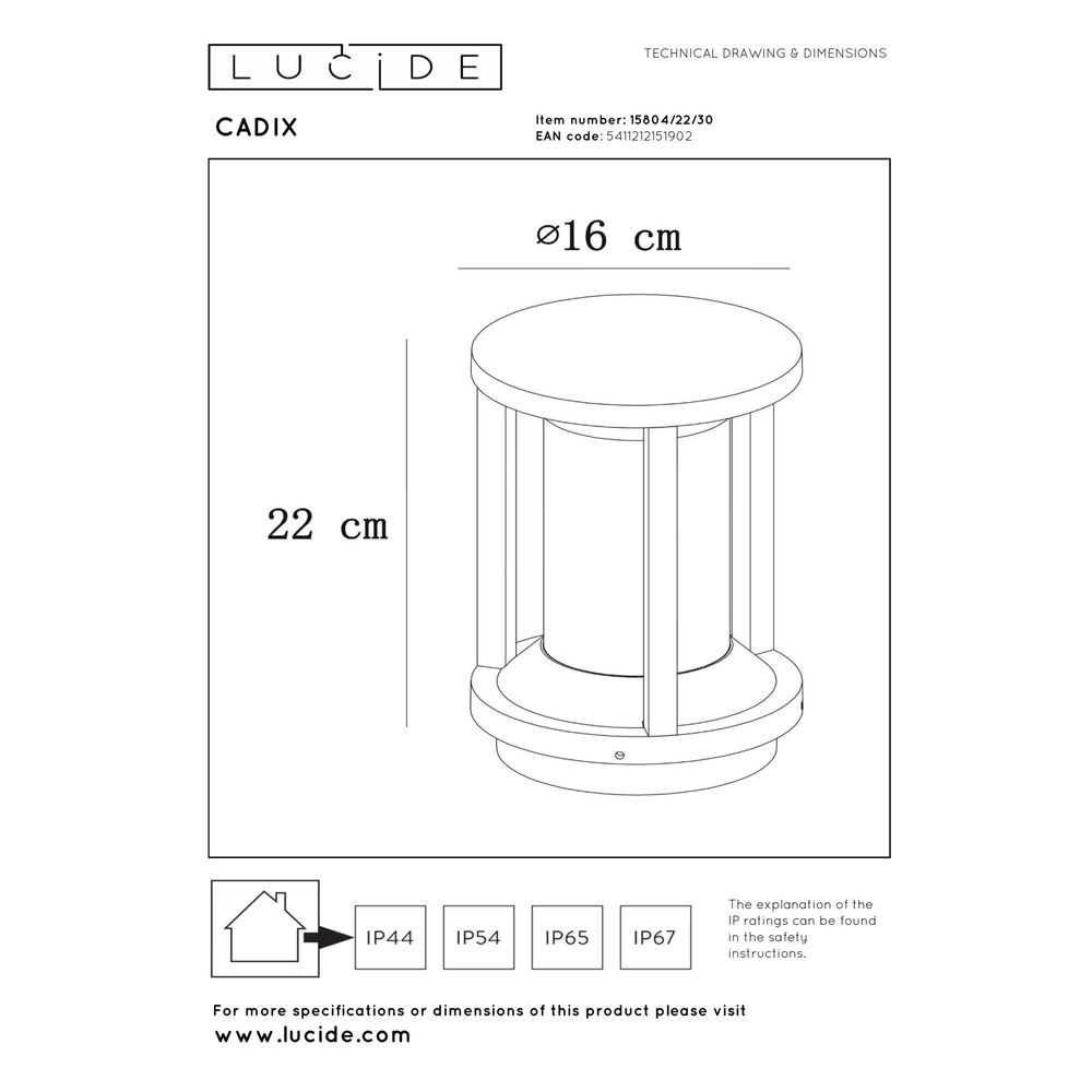Sockellampe 22 cm Cadix schwarzes IP65 Lucide 5411212151902