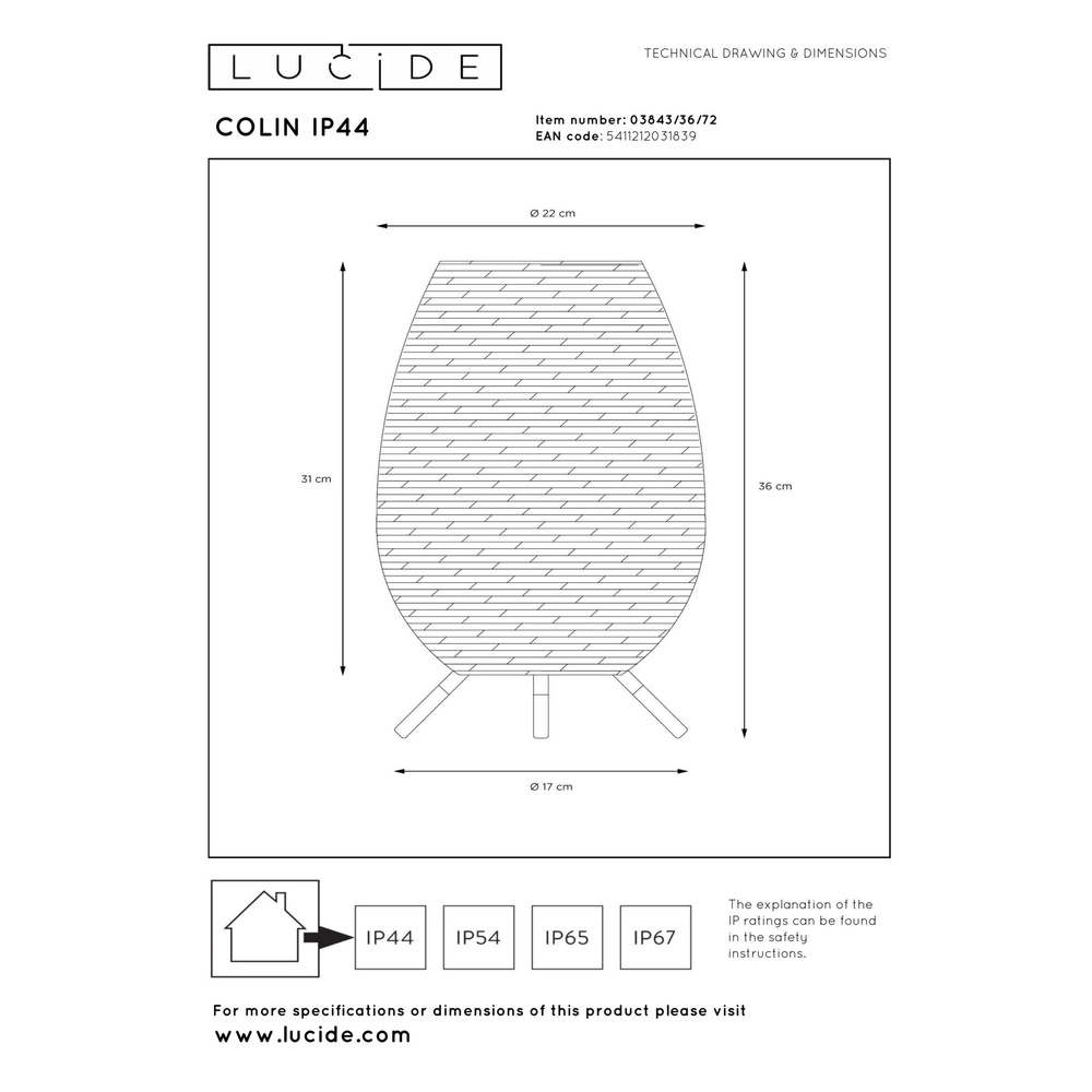 Wiederaufladbare Tischlampe Colin Ip44 Rattan Lucide 5411212031839