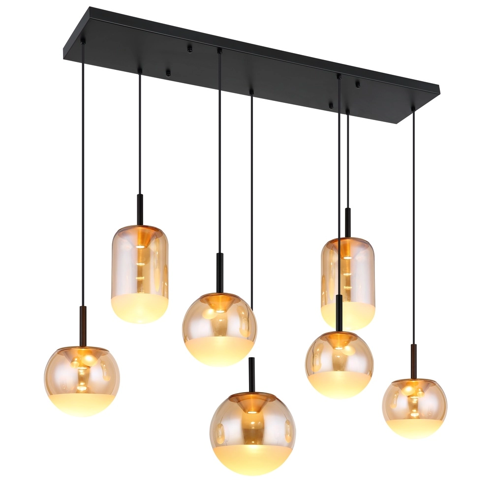Design-Pendellampe Severin 7-Licht Schwarz mit bernsteinfarbenem Glas