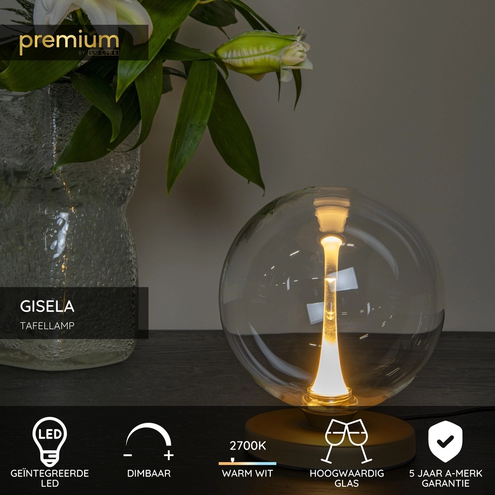 Design LED-Tischlampe Gisela klar – 1x Ø 16 cm Premium by Lucide 5411212134868