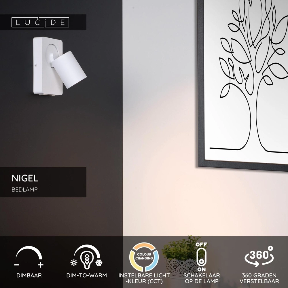Nachttischlampe Nigel mit USB-Ladepunkt weiß Lucide 5411212092748