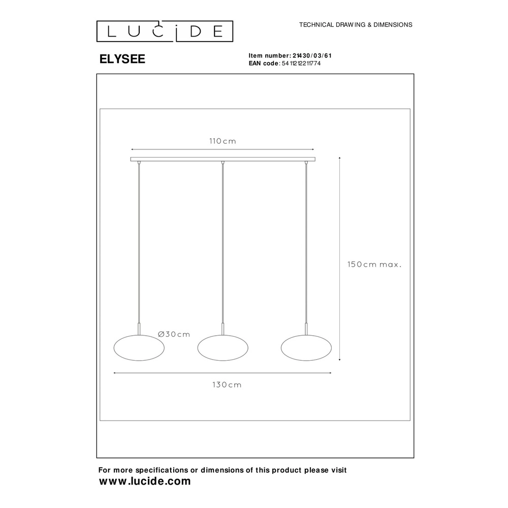 3-Licht Pendellampe Elysee Design schwarz mit Opal Lucide 5411212211774