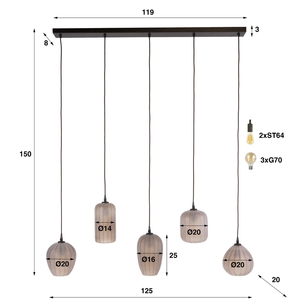 5-Licht Pendellampe Altura Sienabraun mit mattiertem Glas Lyora 8716803514867