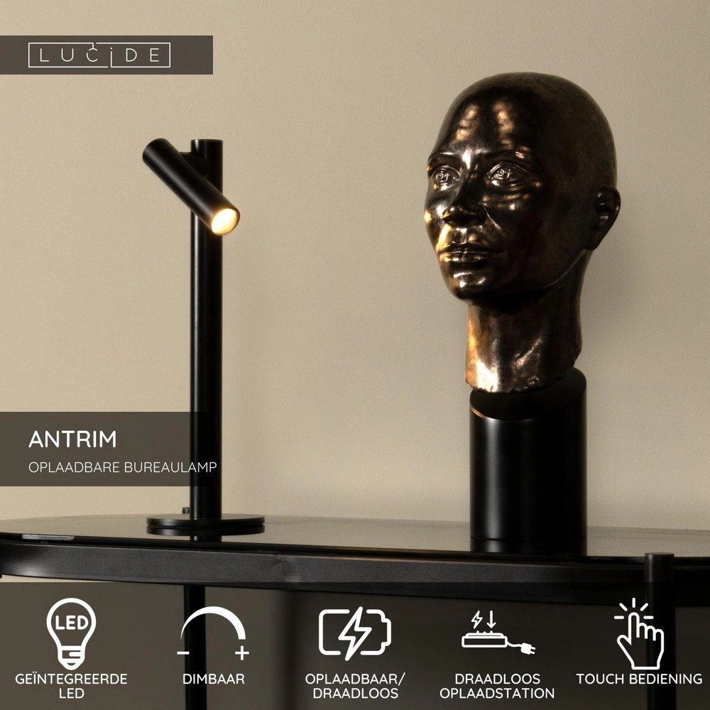 Wiederaufladbare Tischlampe Antrim schwarzes IP54 Lucide 5411212272201