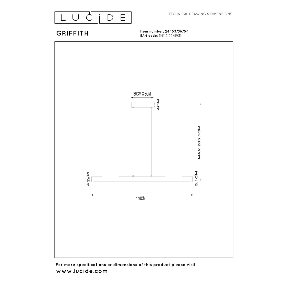 Elegante Pendellampe Griffith Bronze 140 cm Premium by Lucide 5411212241931