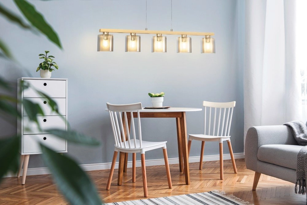Esszimmer Hängelampe Castralvo Holzbraun mit bernsteinfarbenem Glas Eglo 9008606310050