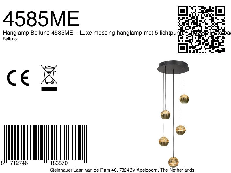 5-Licht Vide Pendellampe Belluno LED – Messinggold mit Glas Steinhauer 8712746183870