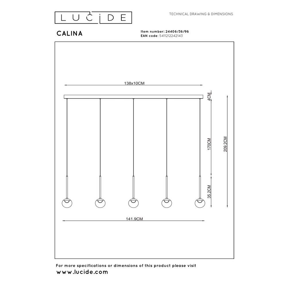 5-Licht Pendellampe Calina mit bernsteinfarbenen Kugeln Premium by Lucide 5411212242143