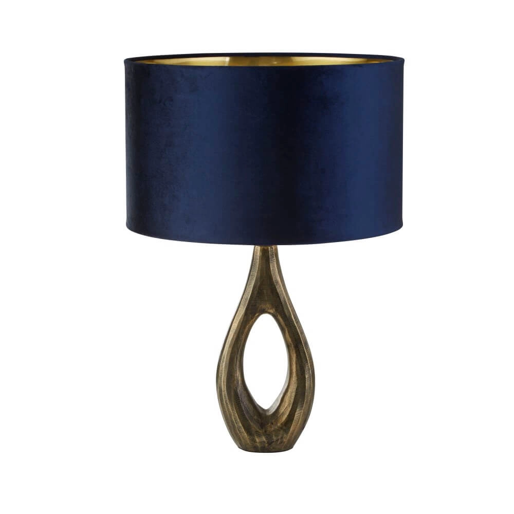 Goldene Tischlampe Bucklow mit dunkelblauer Kapuze