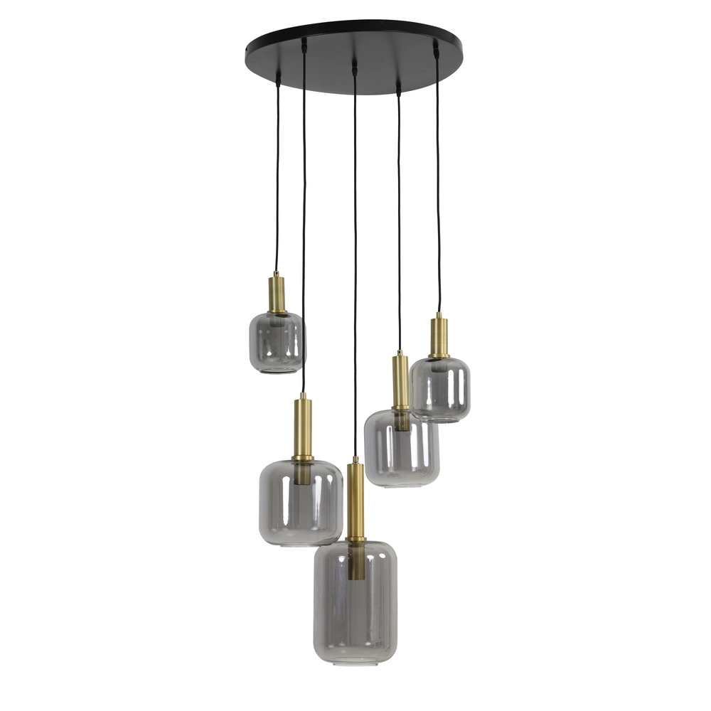 Vide Pendellampe Lekar 5x E27 – Messing mit Rauchglas