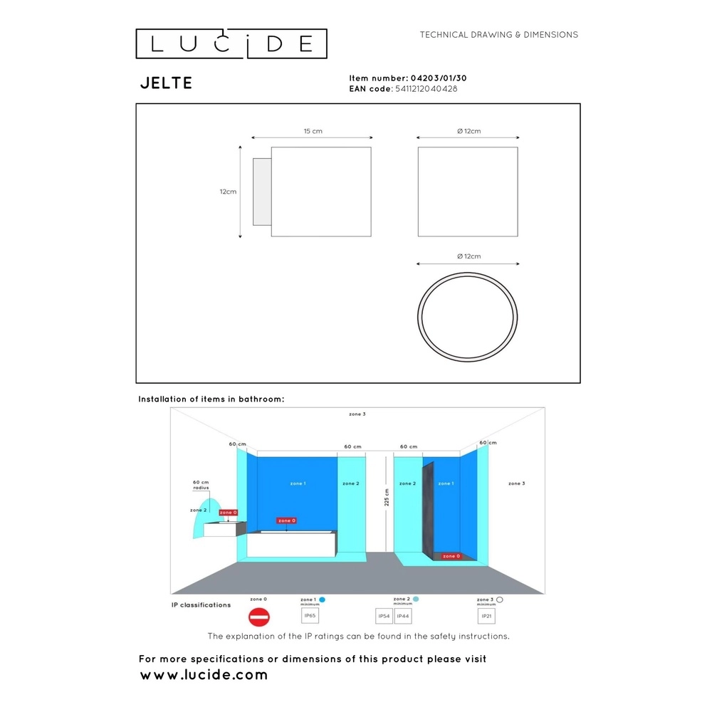 Design-Wandlampe Jelte IP44 geeignet für das Badezimmer Lucide 5411212040428