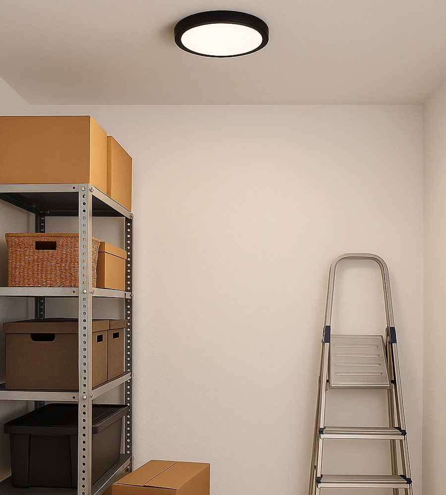 Schwarze Deckenleuchte im Keller mit Gestell und Treppe