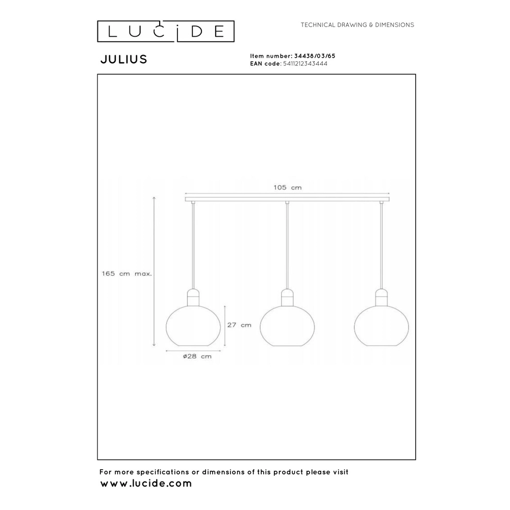 3-Licht Pendellampe Julius Rauchglas Lucide 5411212343444