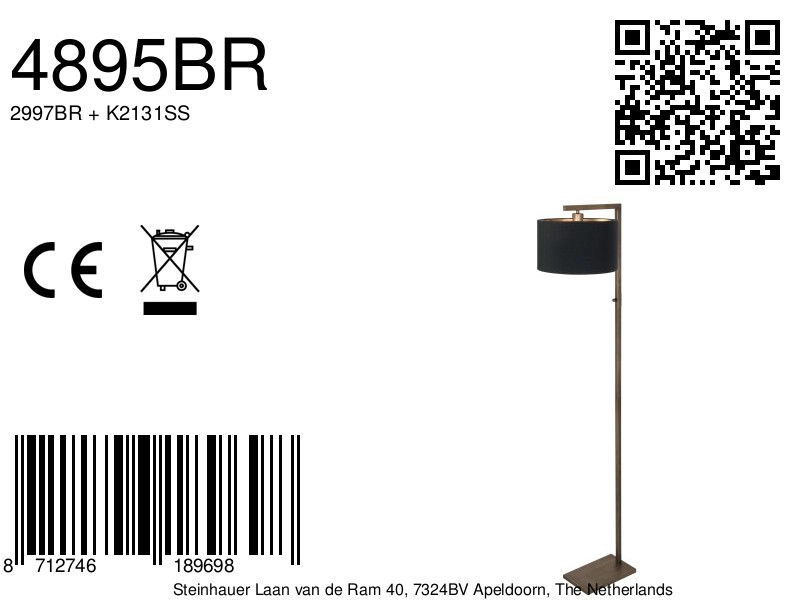 Bronze der Stehlampe Stang mit schwarzer Kapuze Steinhauer 8712746189698