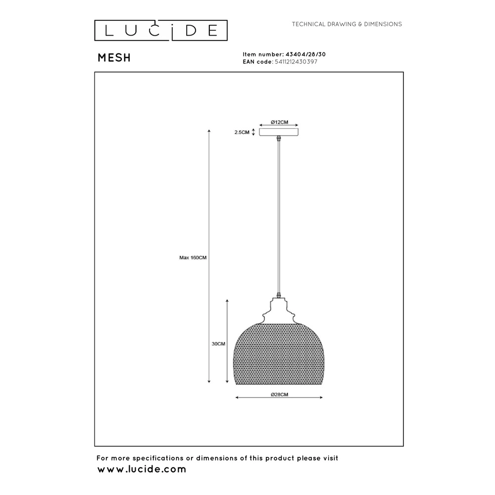 Netz-Pendellampe Mesh Ø 28 cm schwarz Lucide 5411212430397