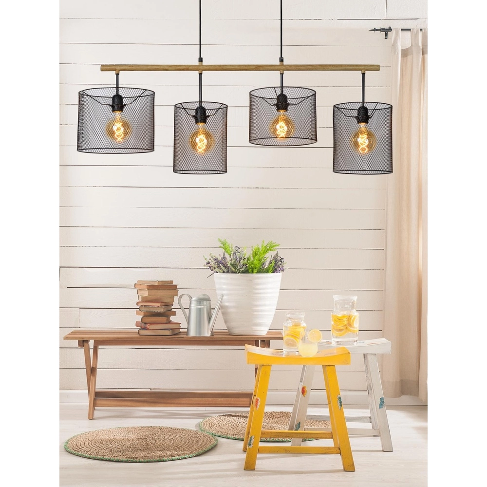 4-Licht Pendellampe Baskett Schwarz mit Holz Lucide 5411212450531