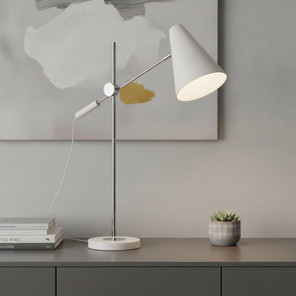 Schlanke Schreibtischlampe Obscur Weiß mit Chrom