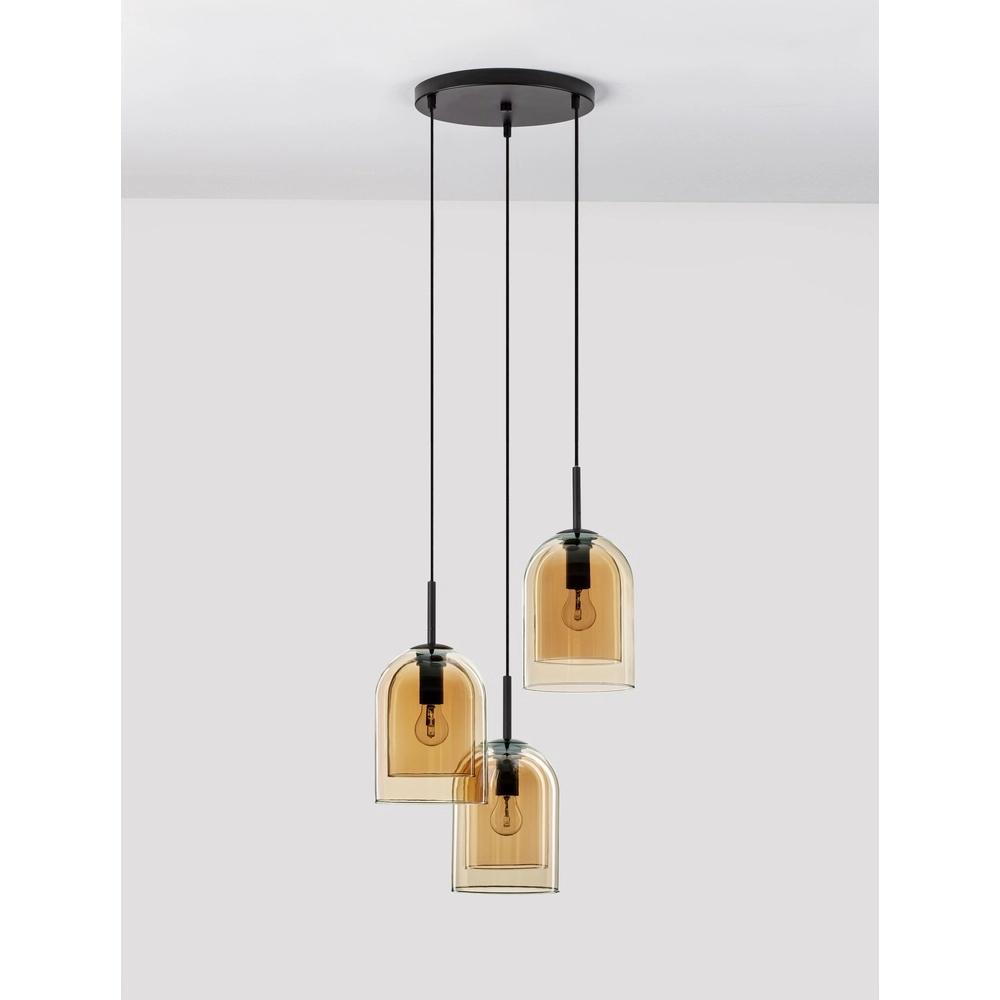 Pendelleuchte Velor 3-flammig schwarz mit Braunglas rund Lyora 5212017431219
