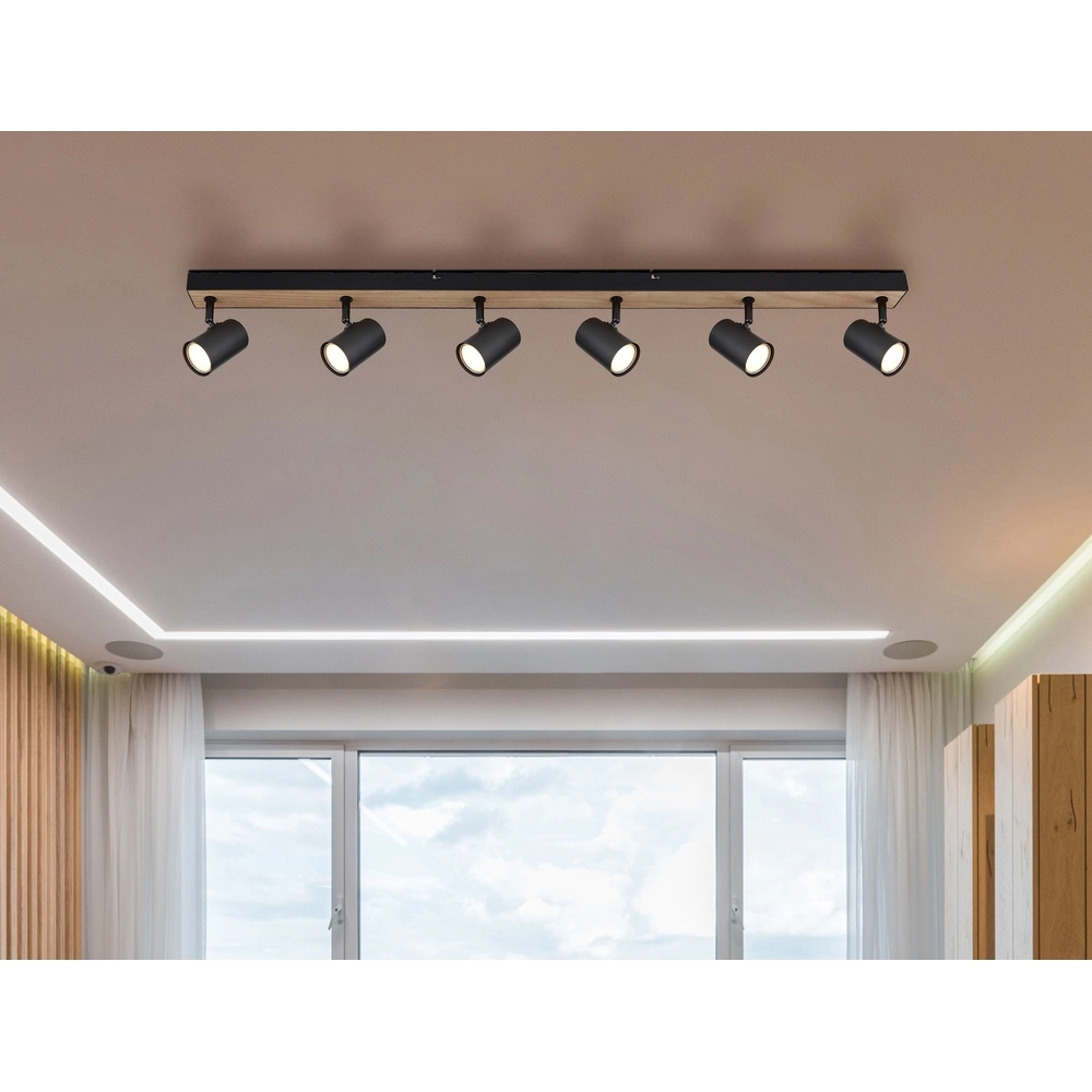 Deckenlampe 6-Licht Robby Schwarz mit Holz Globo 9007371432141