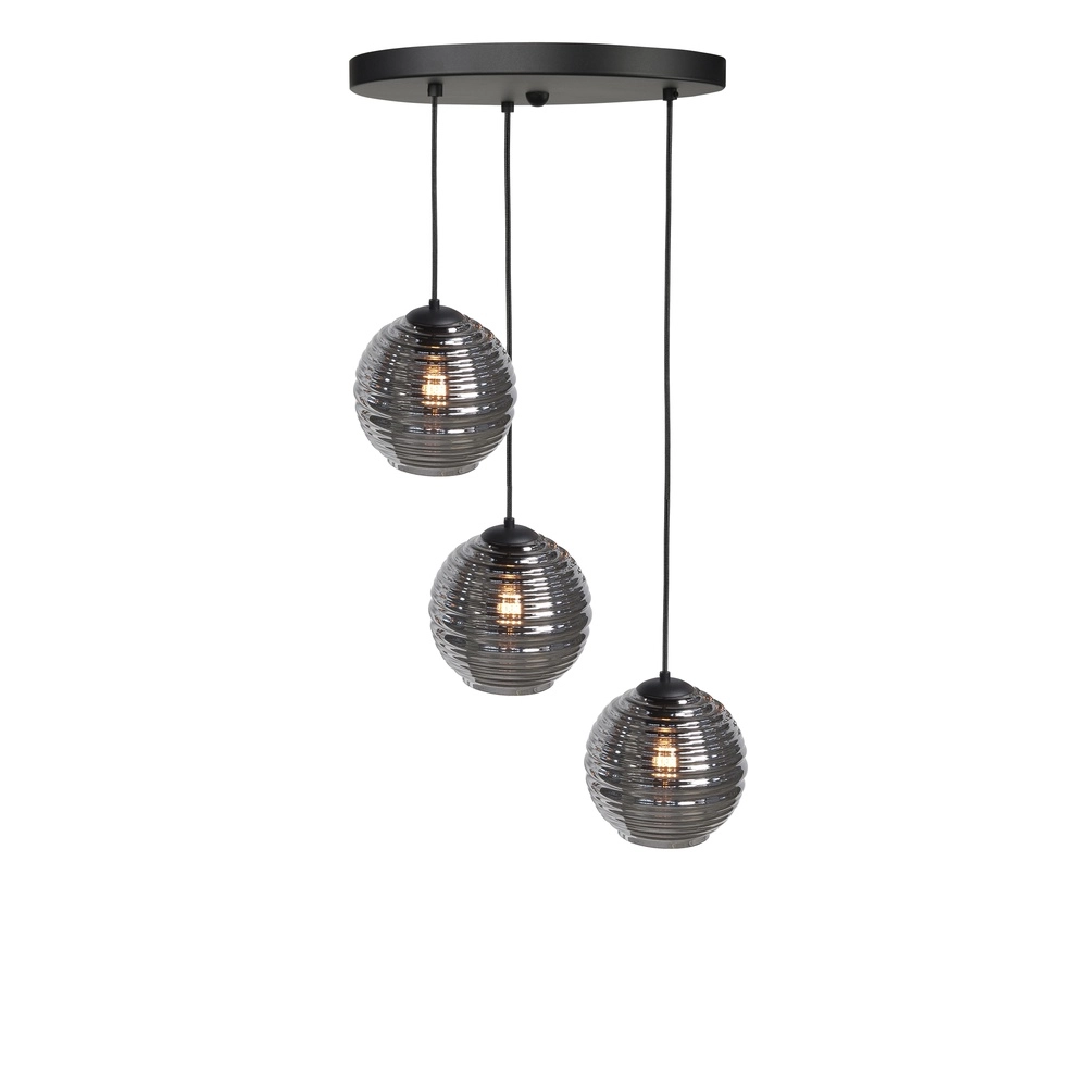 3-flammige Pendelleuchte Fantasy schwarz mit geripptem Glas
