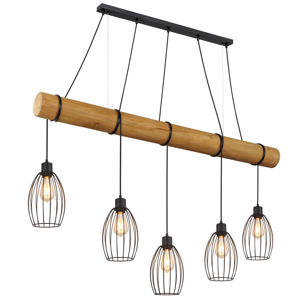 Land-Pendellampe Berti 5-Licht Holz mit Schwarz