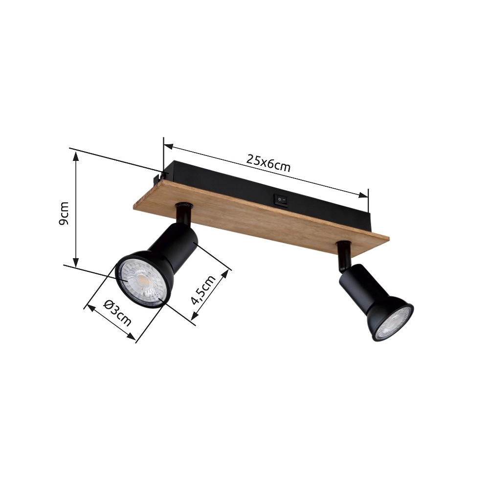 Deckenscheinwerfer Drew Schwarz mit Holz 2-Lichter Globo 9007371430789