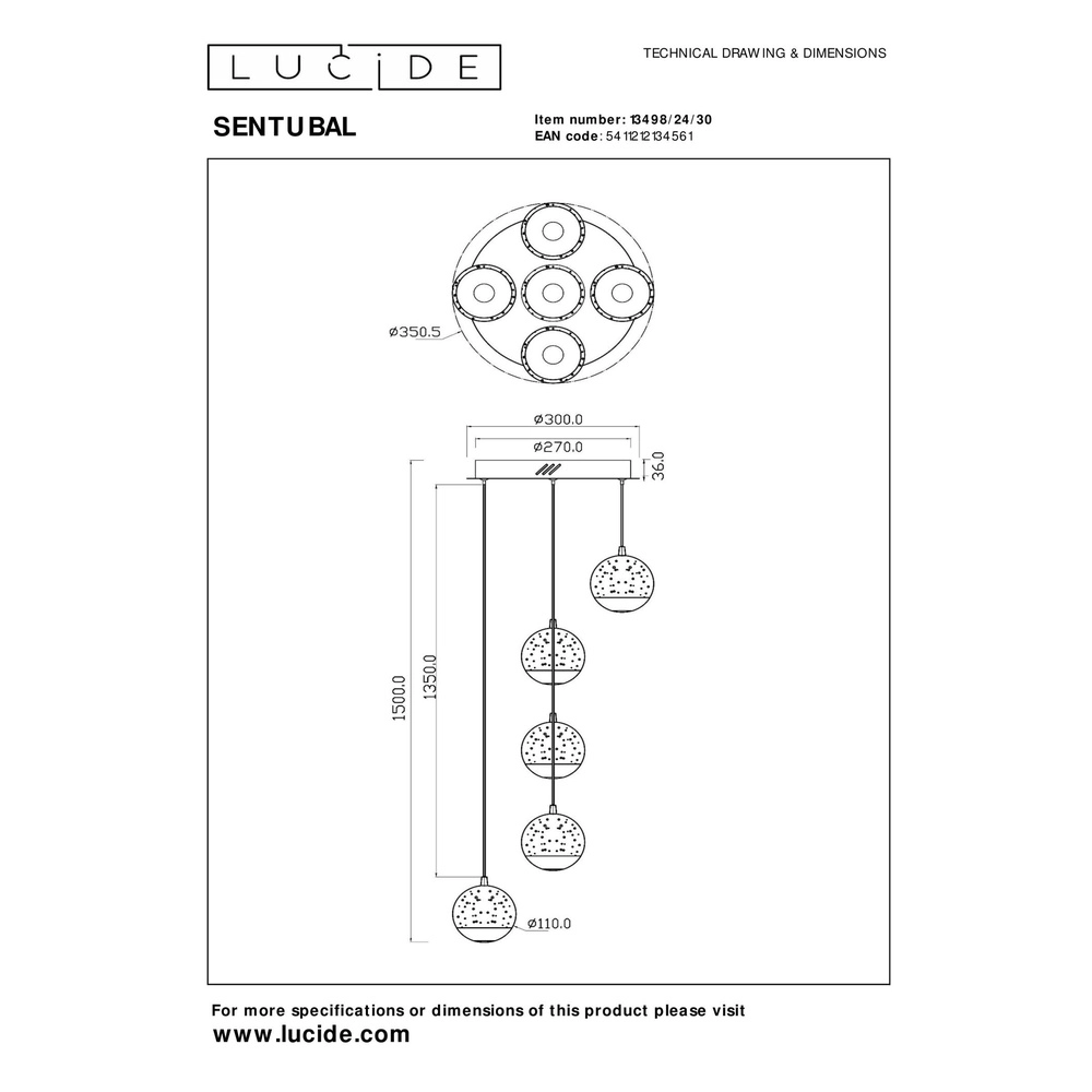 Design-Pendellampe Sentubal 5-Licht-Schwarzpatrone Lucide 5411212134561