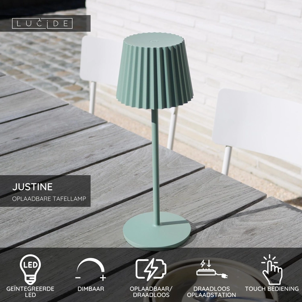Wiederaufladbare Tischlampe Justine Grün mit Ladestation Lucide 5411212272225
