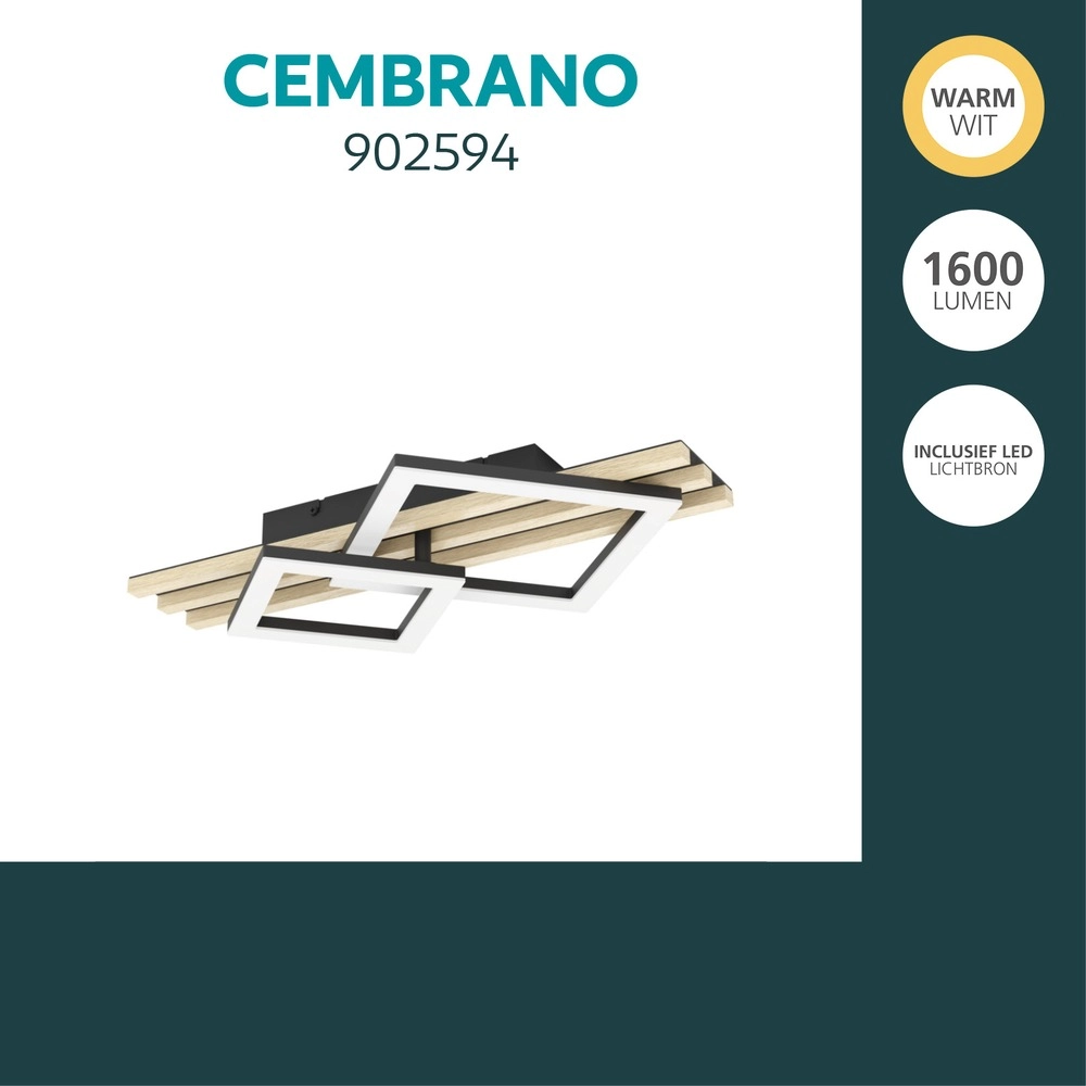 Moderne Deckenlampe Cembrano Schwarz mit Holzquadrat 50 cm Eglo 9008606388196