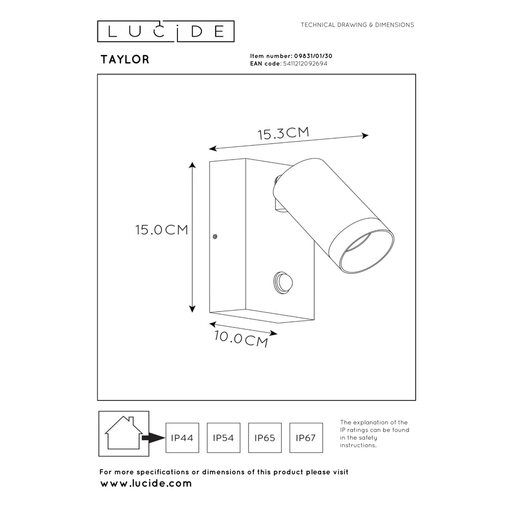 Wandscheinwerfer Taylor IP54 mit Sensor-Schwarz Lucide 5411212092694